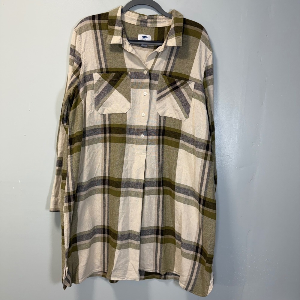 Old Navy Womens XXL Green Plaid Long Sleeve Button Down Tunic Shirt Dress